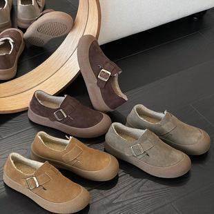 真皮加绒女单鞋冬季新款复古文艺简约软底保暖宽松毛毛鞋一脚蹬