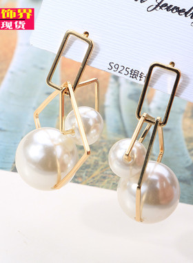 2019新款S925银针韩国INS冷淡风金属串珍珠个性气质耳环耳钉饰品