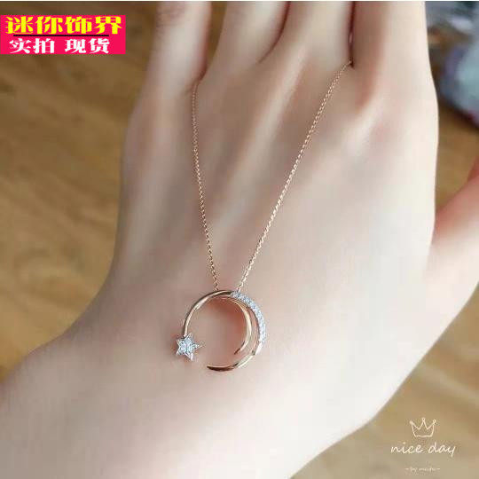 2020新款925银愿望之星项链女 月亮星星玫瑰金钻石锁骨链个性吊坠