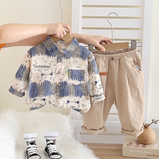 童装男童帅气套装宝宝春装小童春季儿童纯棉衬衫男宝婴儿洋气衣服