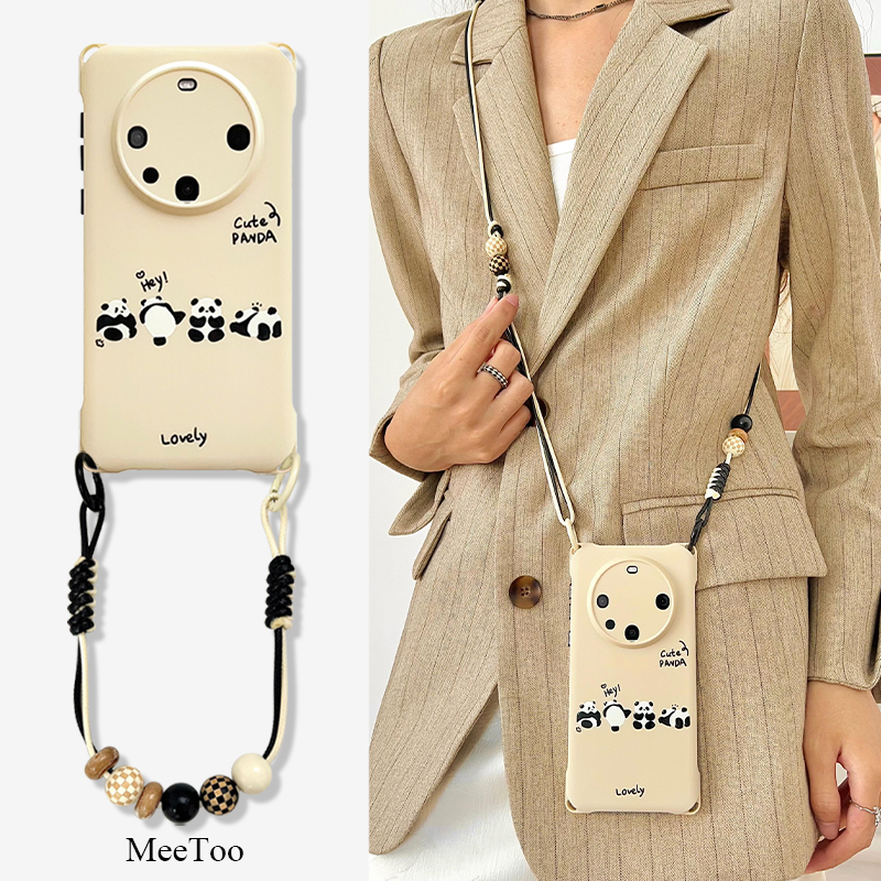 熊猫团公仔手机壳带挂绳适用于华为mate60/70iPhone15/16手提斜挎背带小米15四角开孔magic7PRO防摔硅胶软壳