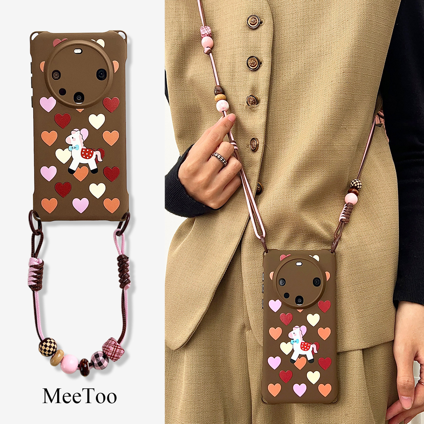 爱心白马适用于华为mate80pro手机壳挂绳斜挎VIVOX200背带斜挎卡通mate70/60手提腕带保护壳小米17pm防摔软壳