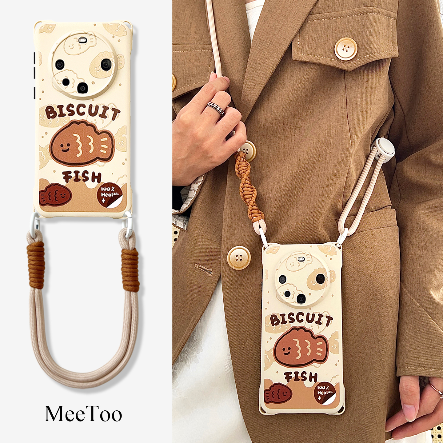 鱼饼适用于华为mate80pro手机壳挂绳斜挎华为MATE70PRO背带斜挎可爱小米15ULTRA手提腕带FINDX7软硅胶外壳