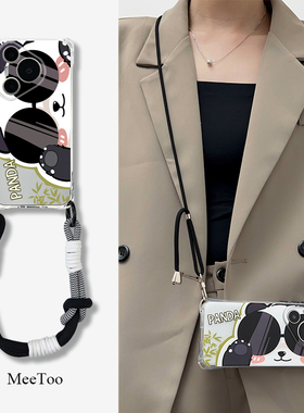 创意墨镜熊猫挂绳斜挎手机壳适用华为Pura70pro手提背带P70Ultra四角开孔mate60全包防摔P60ART透明nova12por