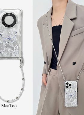 羽纱银蝴蝶挂绳斜挎手机壳适用华为mate60pro手提背带苹果16PROMAX四角开孔防摔pura70pro背带斜挎NOVA12PRO