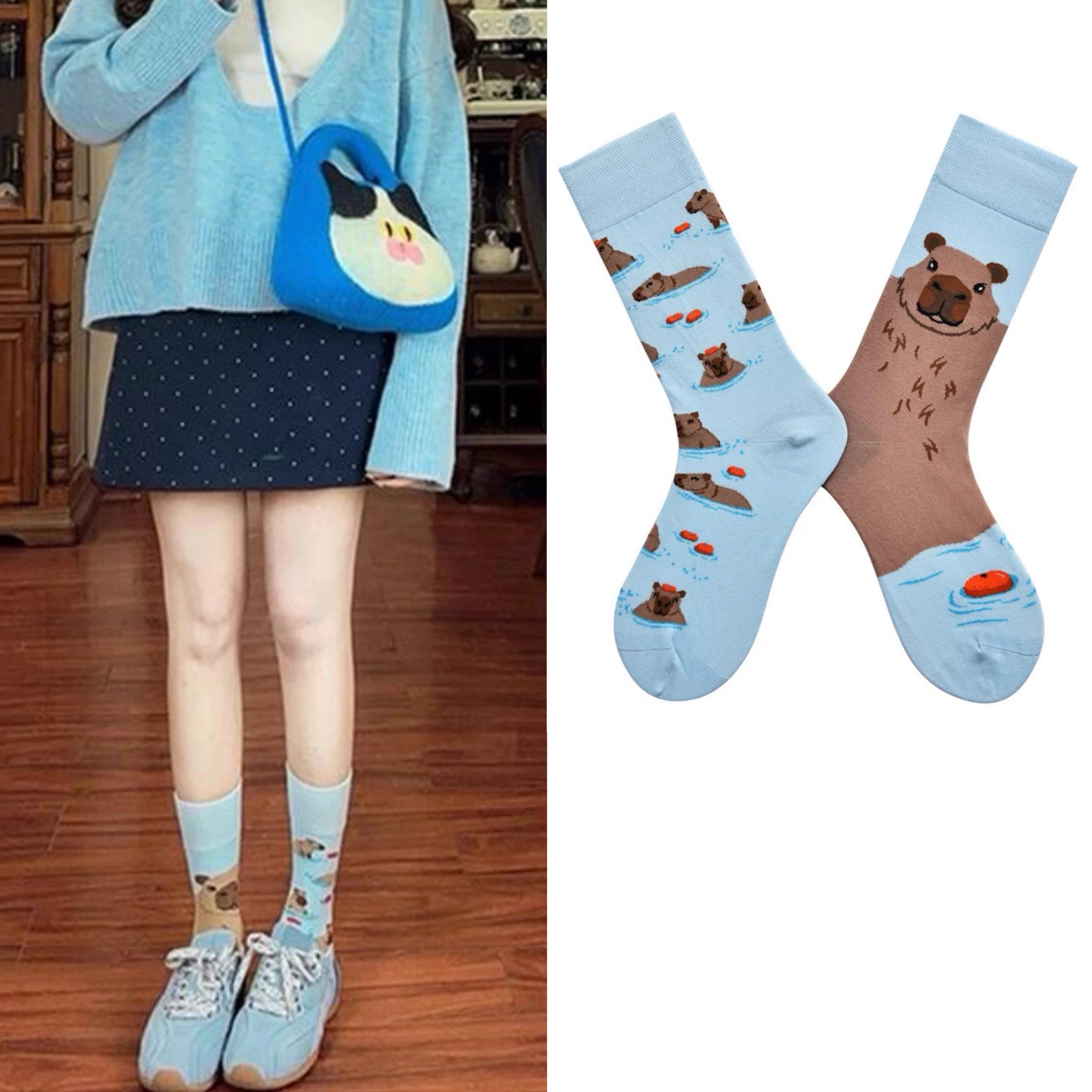 袜子女AB不对称潮袜情侣鸳鸯袜欧美ins个性卡通提花中筒纯棉袜子