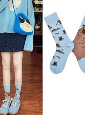 袜子女AB不对称潮袜情侣鸳鸯袜欧美ins个性卡通提花中筒纯棉袜子