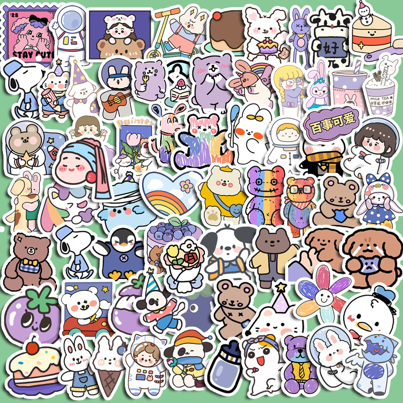 ins可爱小熊兔子表情手账贴纸紫色系水杯手机壳装饰防水无痕贴画