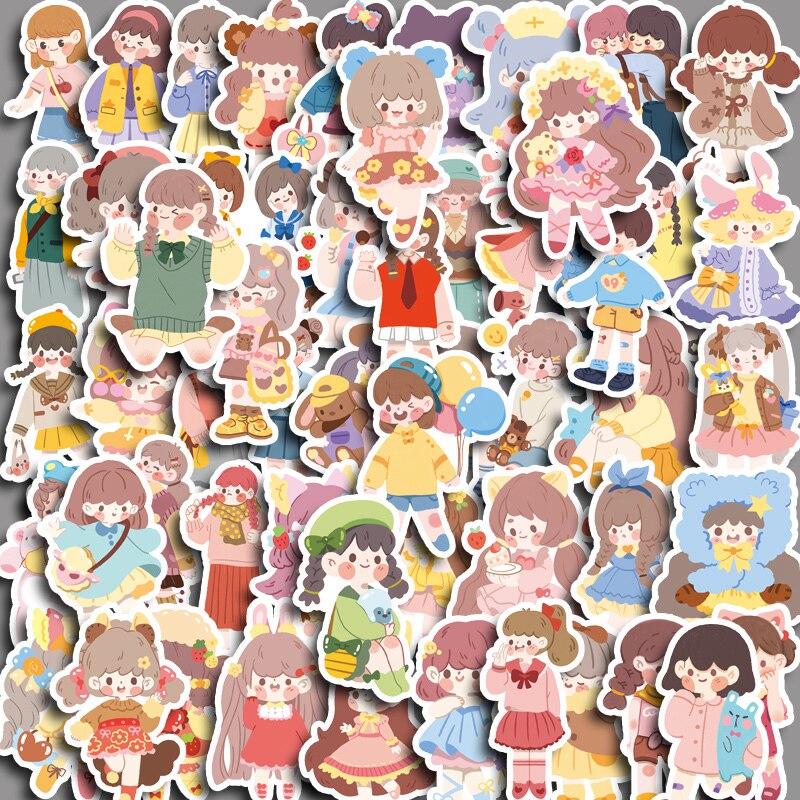 软妹穿搭60枚可爱卡通女孩贴画不重复防水手账相册水杯贴封口贴