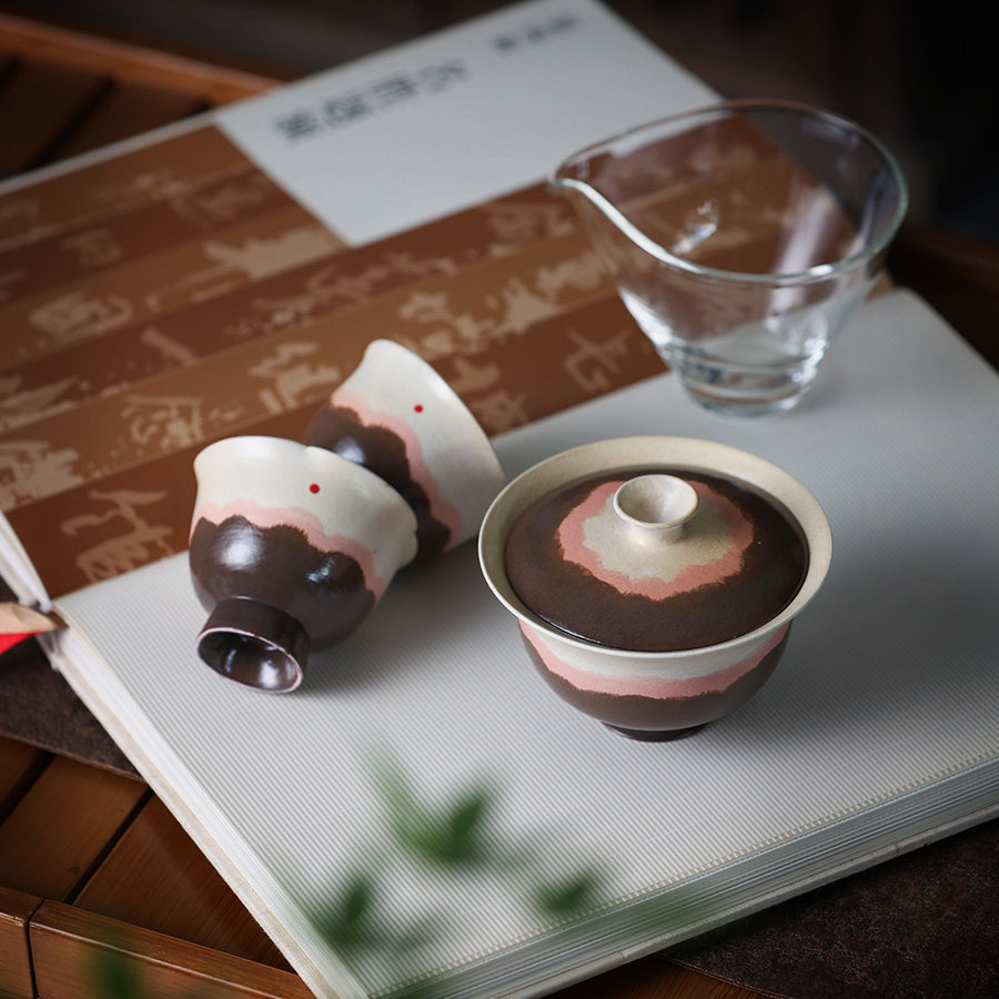 牧渔秋日暖阳三才盖碗手工绘制