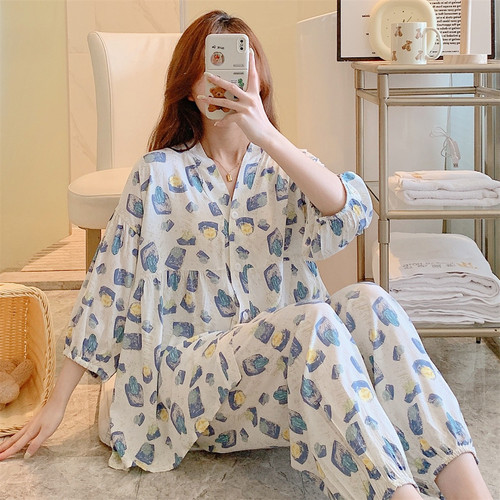 夏季睡衣女纯棉绸短袖长裤两件套舒适透气防凸点出汗不沾身家居服