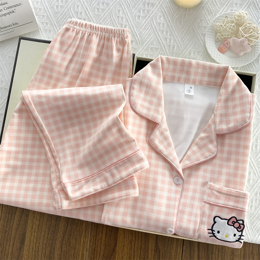 HelloKitty德绒睡衣女秋冬季加厚保暖粉色格子长袖少女家居服套装