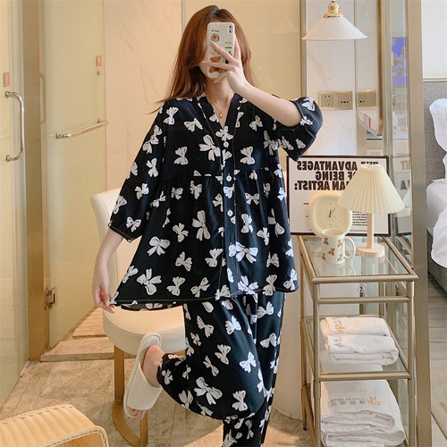 100%棉绸夏季睡衣女2023年新款可外穿加大码7分袖长裤套装家居服
