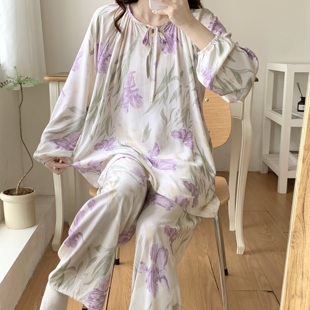 纯棉绸睡衣女春秋夏天长袖套装民族国风新款可外穿高档网红家居服