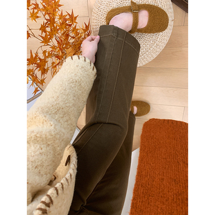 子 女加绒梨型身材小个子高腰显瘦直筒阔腿裤 冬季 美拉德咖色牛仔裤