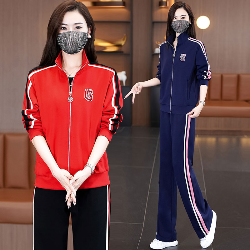 大码女装2024春季新款洋气拼接外套阔腿裤两件套休闲运动服套装女