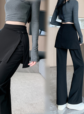 大码女装2025冬季新款显瘦高腰弹力裤裙气质直筒假两件休闲裤子女