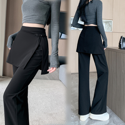 高腰直筒假两件弹力裤裙休闲裤子