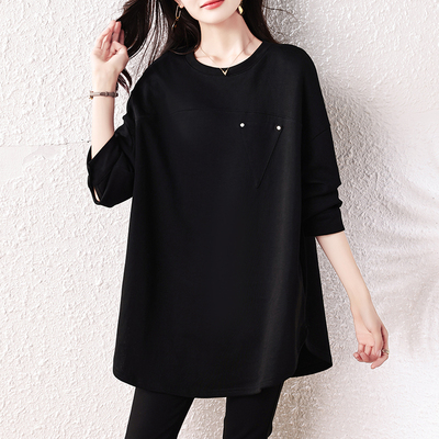 大码专柜黑色中长款长袖单穿卫衣女2025秋季新款时尚宽松百搭上衣