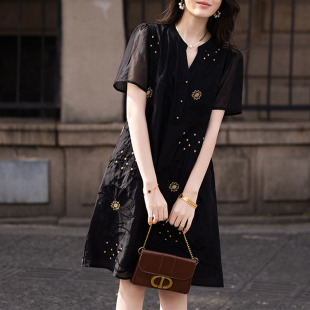 女装 短袖 刺绣雪纺中长款 新款 裙子潮 连衣裙女欧洲站2026年夏季 大码