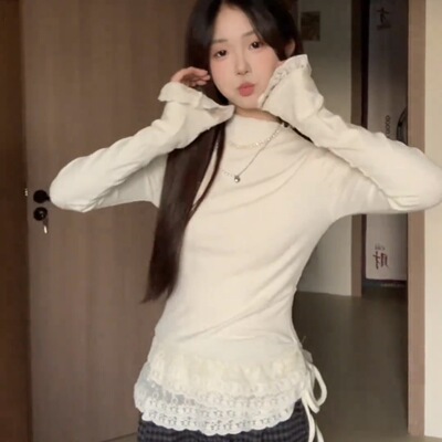 韩系纯欲蕾丝半高领长袖毛衣女