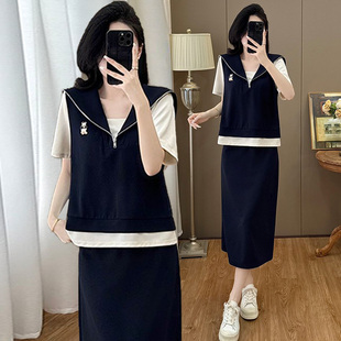 流行2026夏季新款大码女装假两件上衣百搭显瘦半身裙时尚两件套女