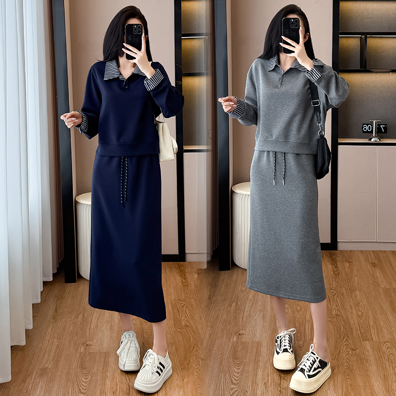 韩系大码减龄休闲运动套装裙女2025秋冬宽松卫衣裙子百搭两件套裙