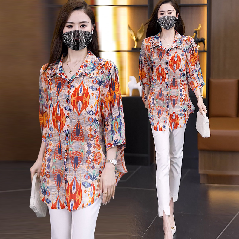 遮肉大码女装2025胖MM宽松中长款衬衫女夏季薄款复古印花上衣新款