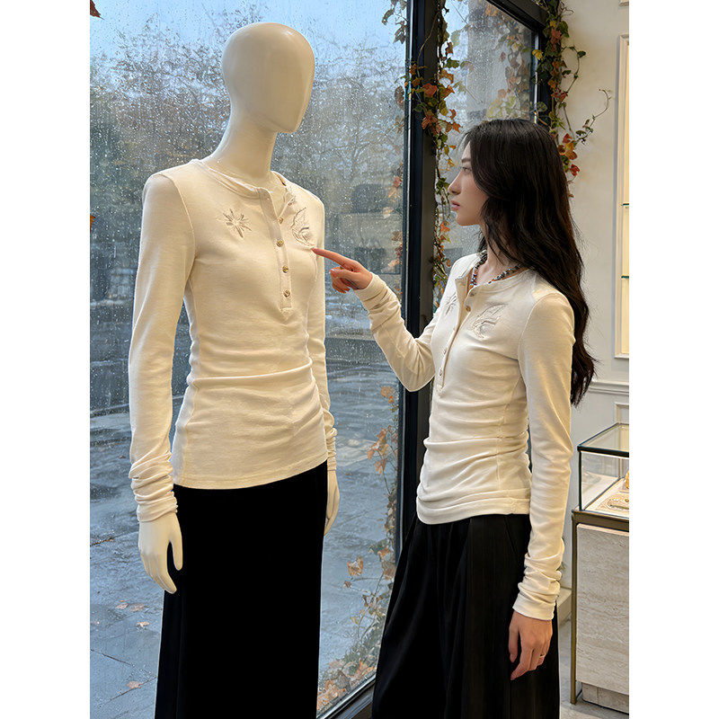 美式辣妹飞鸟刺绣长袖T恤女春秋半开襟长袖内搭打底修身显瘦上衣,女装/女士精品,大码内搭,淘宝优惠券,粉丝福利购,淘宝优惠卷