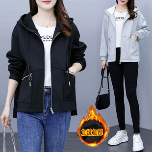 加厚加绒长袖短款开衫连帽卫衣外套女2025年秋冬新款大码女装上衣