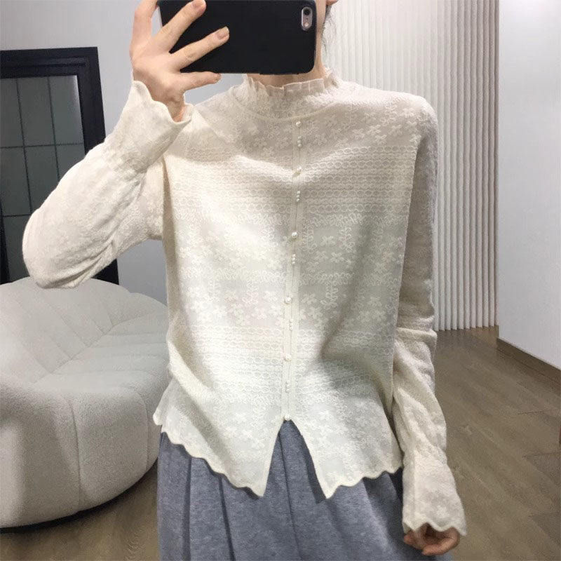别致减龄开叉纽扣蕾丝花边针织衫春秋百搭长袖超好看内搭打底衫女,女装/女士精品,羊绒衫,淘宝优惠券,粉丝福利购,淘宝优惠卷