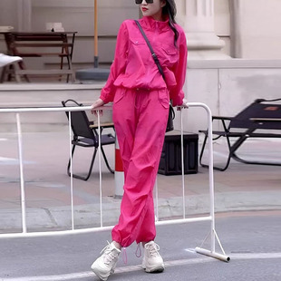 跑步健身速干防晒外套束脚裤 新款 女2026春季 胖妹妹玫红色运动套装