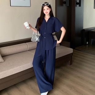 上衣阔腿裤 新款 胖mm气质绑带收腰衬衫 两件套 套装 女装 大码 2025夏季