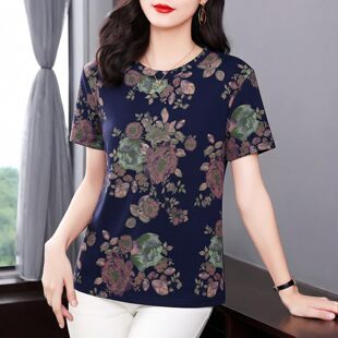 新款妈妈装碎花女装圆领短袖T恤女款2026年夏季体恤显瘦百搭上衣