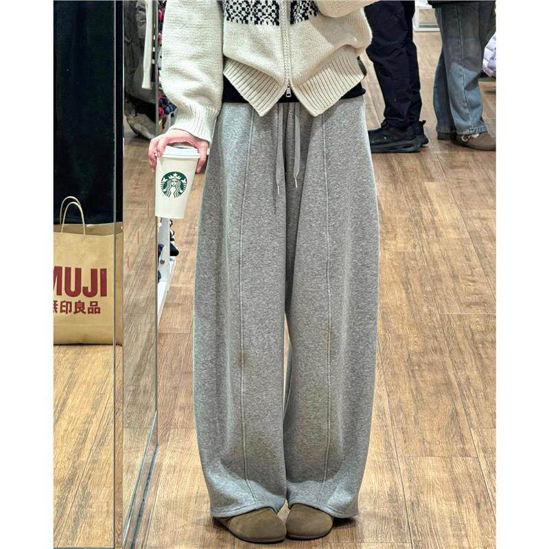 浅灰色韩系垂感弯刀裤女秋冬季新款高腰显瘦阔腿裤加绒直筒运动裤