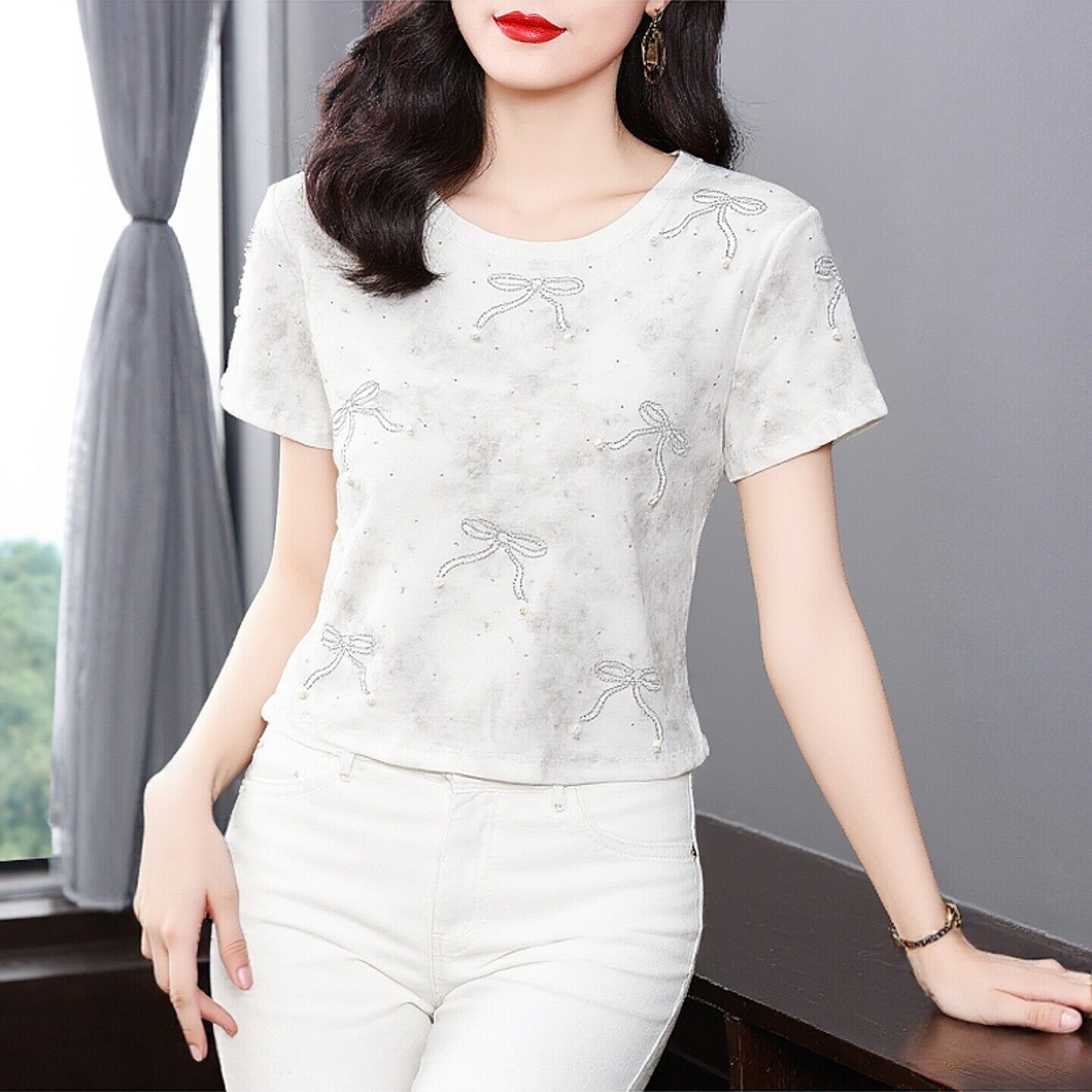 夏季宽松显瘦蝴蝶圆领妈妈装短袖t恤女2026年新款中老年时尚上衣 - 琳琅大码女装出品