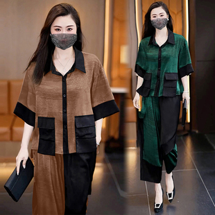 夏季胖mm妈妈装时尚休闲套装女2026新款大码撞色衬衫+裤子两件套