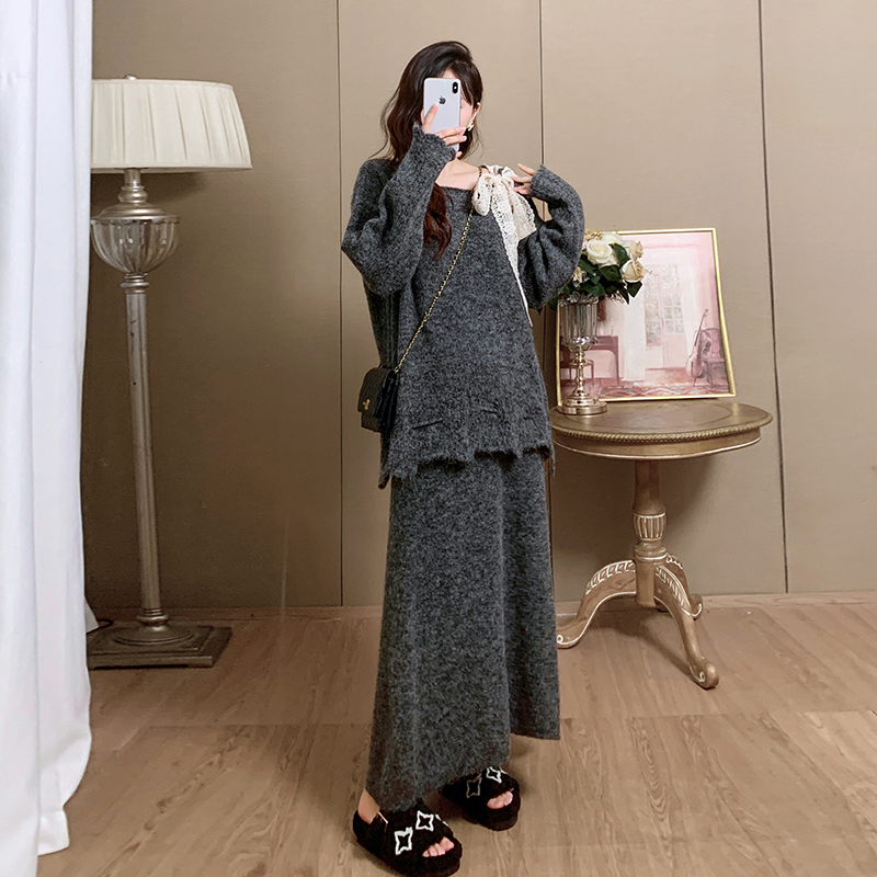 宽松软糯针织毛衣半身裙两件套女