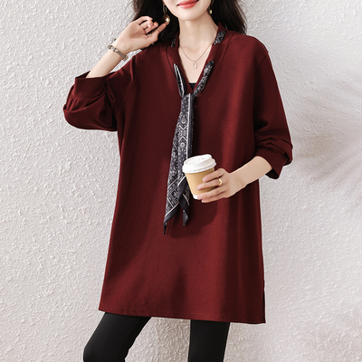 大码女装长袖红色卫衣女2025秋季新胖mm领带T恤宽松遮肉显瘦上衣