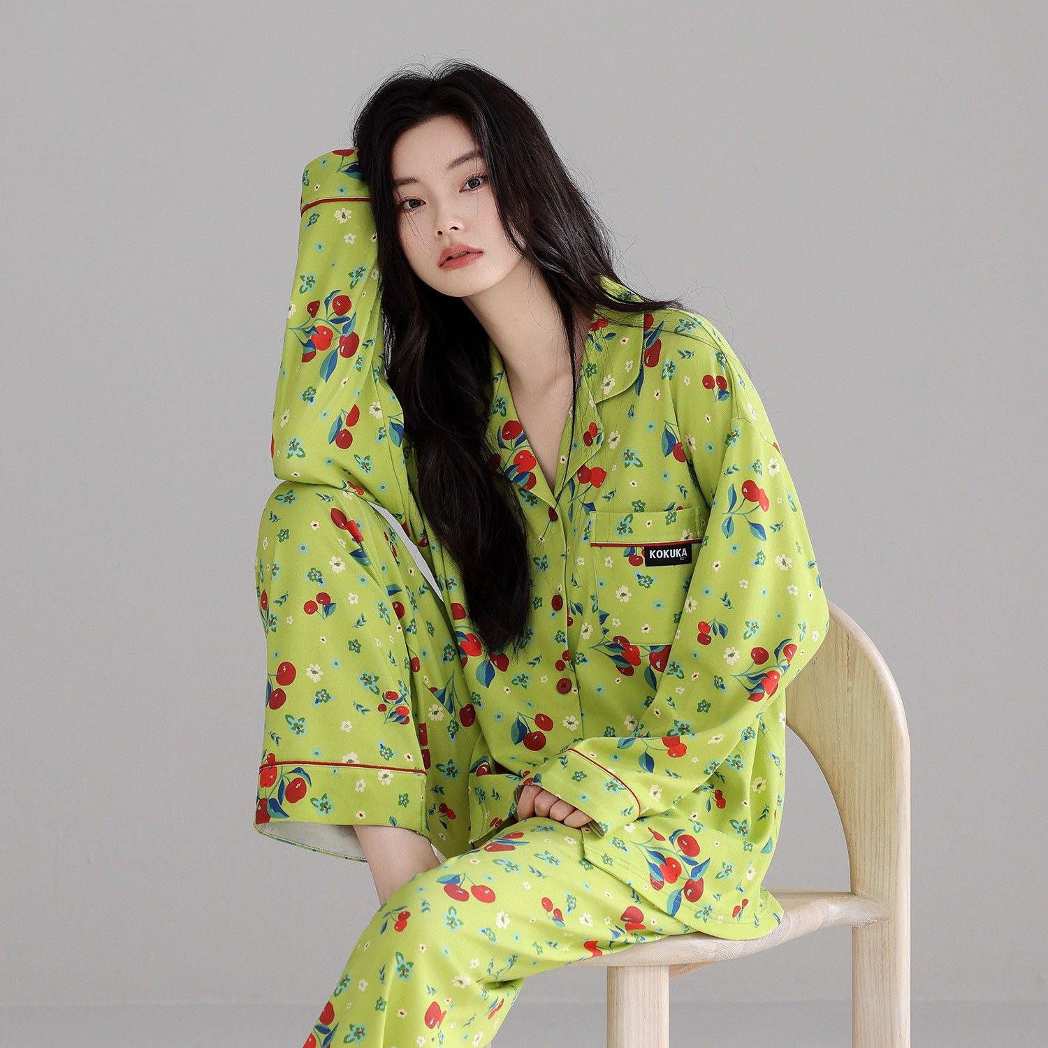 春秋纯棉长袖翻领女睡衣套装