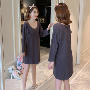 春秋季纯棉性感睡衣女V领加大码韩版宽松休闲长袖睡裙夏季家居服