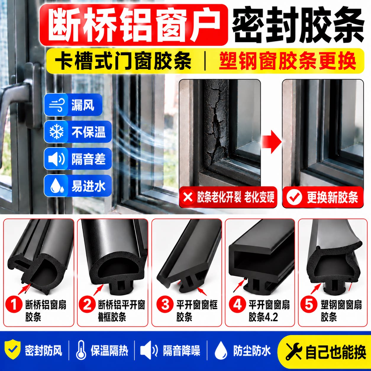 断桥铝窗户密封胶条卡槽式门窗异形胶条老窗胶条更换塑钢三元乙丙