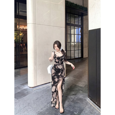 正品专柜法式复古碎花雪纺连衣裙女夏季荷叶边开叉气质吊带长裙子