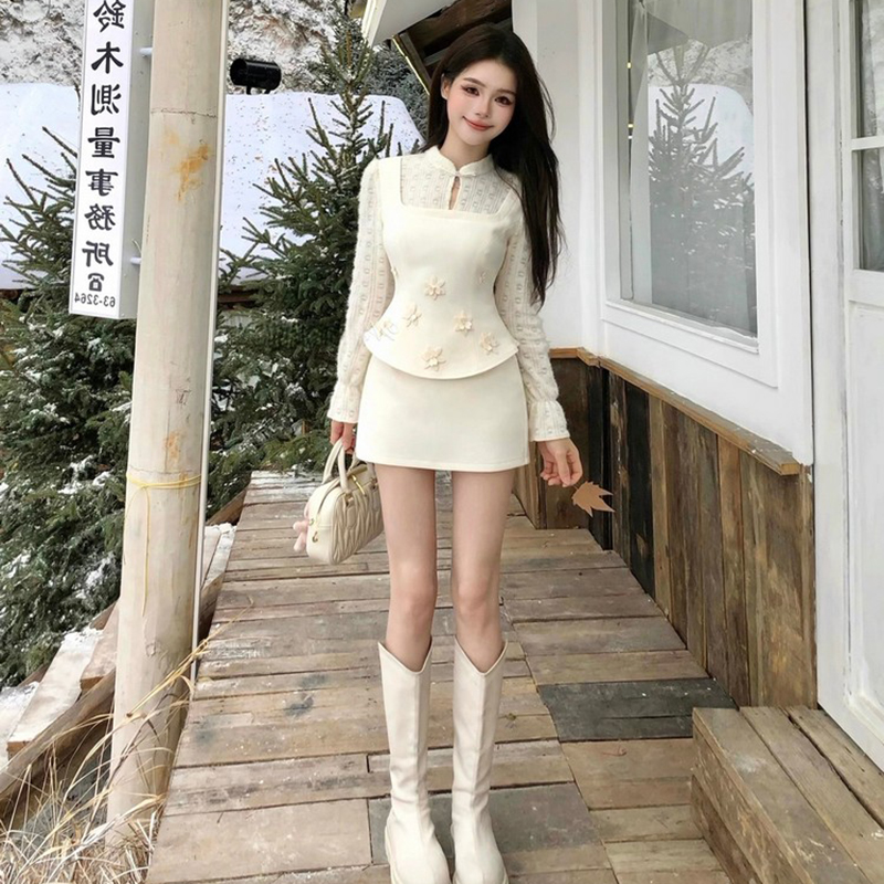 高级感假两件立体花朵上衣女设计感小众气质半身裙两件套装秋冬季