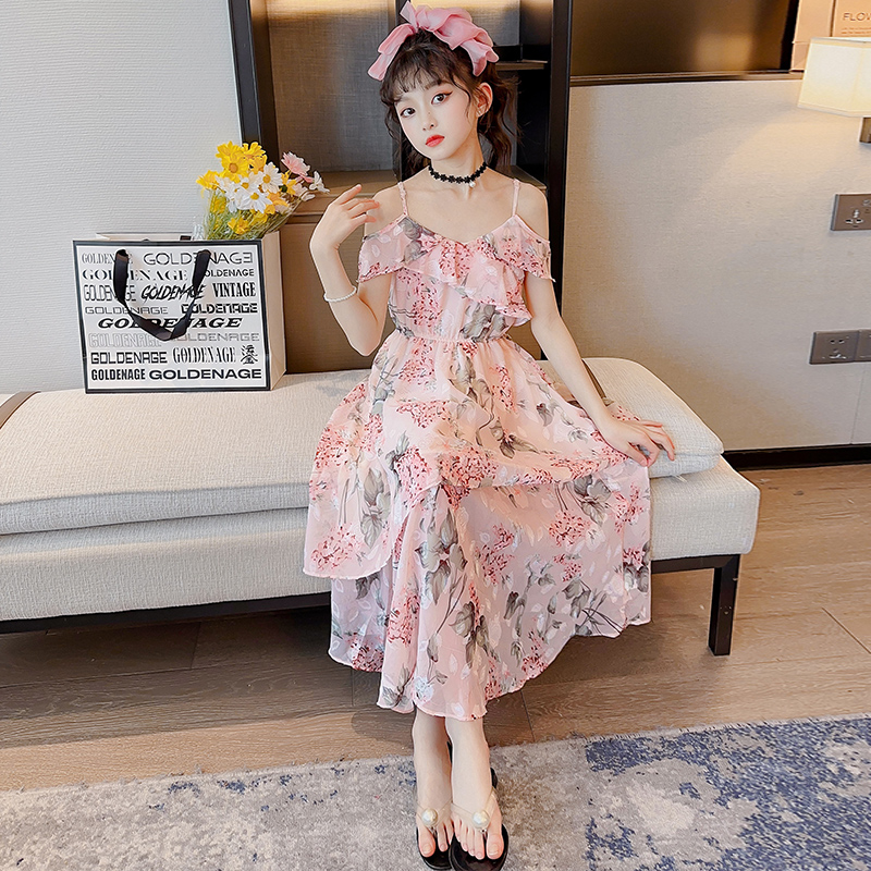 女大童吊带连衣裙夏装2025新款女孩公主裙夏季沙滩裙子雪纺碎花裙