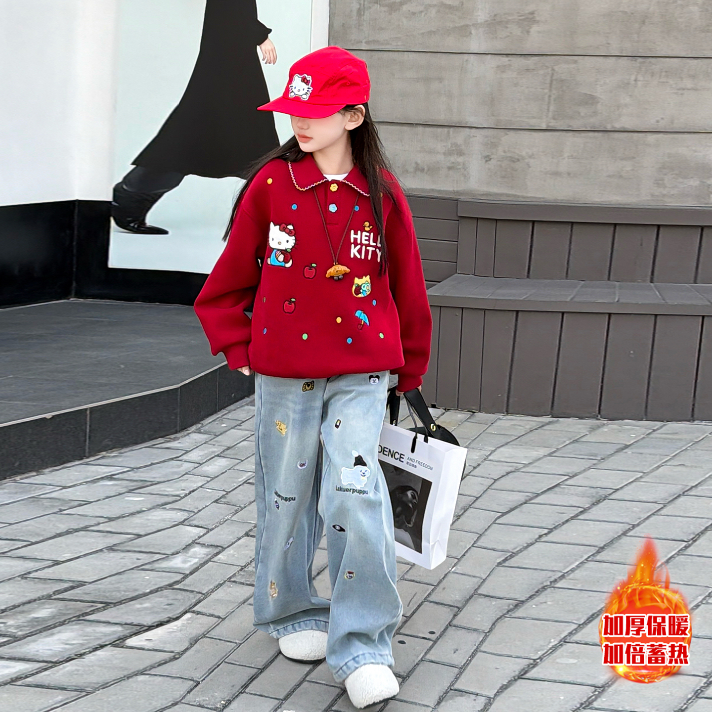 女童红色加绒卫衣冬装2025新款中大童保暖内搭女孩超好看刺绣上衣