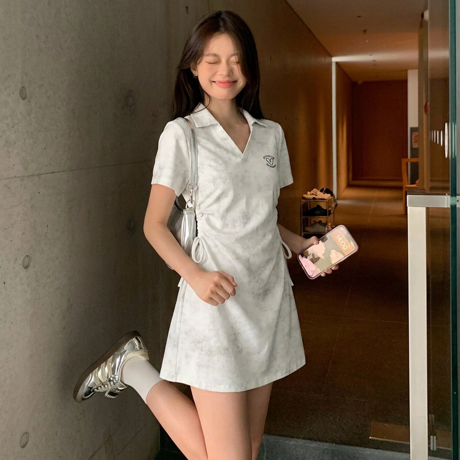 正品专柜高级感复古扎染短袖T恤连衣裙女夏大码别致气质抽褶收腰