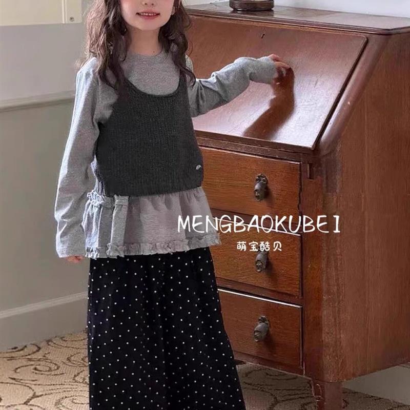 女童秋套装2025新款儿童独特漂亮两件套小女孩花边上衣阔腿裤春秋