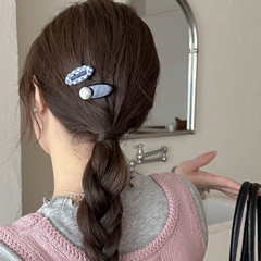 E3845ab款秋冬少女蓝色珠珠棋盘格发夹女侧边刘海碎发卡子ins饰品