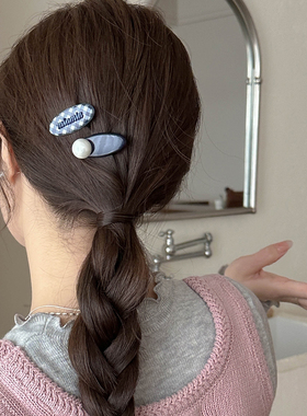 E3845ab款秋冬少女蓝色珠珠棋盘格发夹女侧边刘海碎发卡子ins饰品